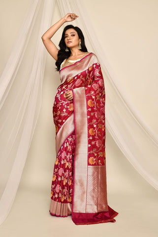 'Chandani' Magenta-Red Pure Katan Silk Banarasi Handloom Saree with all Over Meenakari Jaal