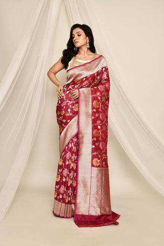 'Chandani' Magenta-Red Pure Katan Silk Banarasi Handloom Saree with all Over Meenakari Jaal