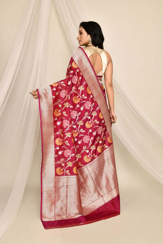 'Chandani' Magenta-Red Pure Katan Silk Banarasi Handloom Saree with all Over Meenakari Jaal