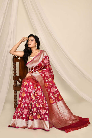 'Chandani' Magenta-Red Pure Katan Silk Banarasi Handloom Saree with all Over Meenakari Jaal