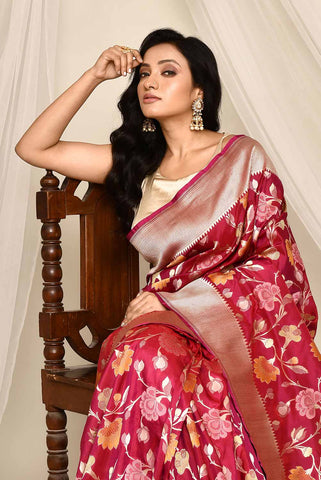 'Chandani' Magenta-Red Pure Katan Silk Banarasi Handloom Saree with all Over Meenakari Jaal