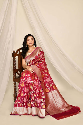 'Chandani' Magenta-Red Pure Katan Silk Banarasi Handloom Saree with all Over Meenakari Jaal