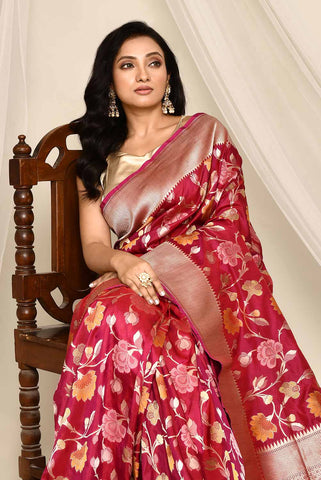 'Chandani' Magenta-Red Pure Katan Silk Banarasi Handloom Saree with all Over Meenakari Jaal