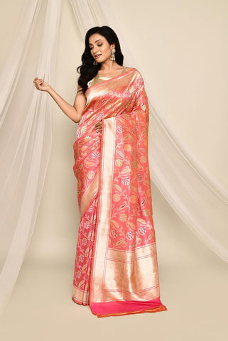 'Nirja' Orange - Pink Pure Katan Silk Tanchoi Meenakari Jaal Banarasi Handloom Saree