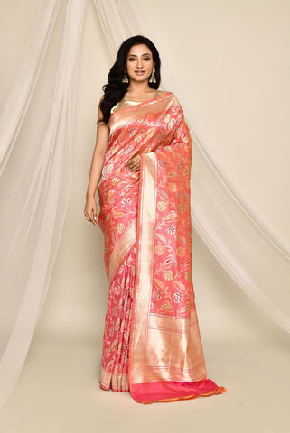 'Nirja' Orange - Pink Pure Katan Silk Tanchoi Meenakari Jaal Banarasi Handloom Saree