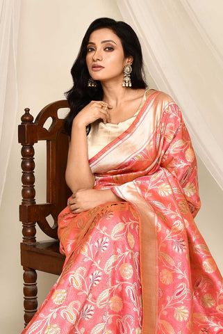 'Nirja' Orange - Pink Pure Katan Silk Tanchoi Meenakari Jaal Banarasi Handloom Saree