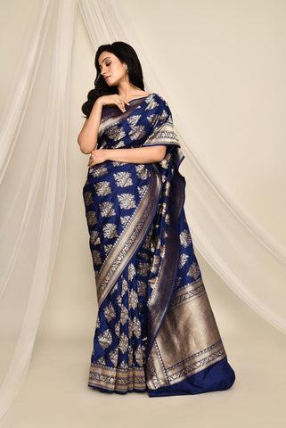 'Maharani' Deep Blue Pure Katan Silk Banarasi Handloom Saree