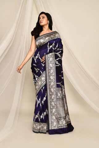 'Noor' Deep Navy Purple Blue Pure Katan Silk Banarasi Handloom Saree