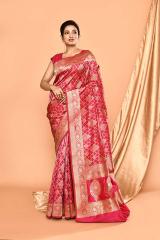 'Patterned Perfection' Pink Pure Katan Silk Jaal Brocade Banarasi Handloom Saree