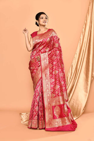 'Patterned Perfection' Pink Pure Katan Silk Jaal Brocade Banarasi Handloom Saree