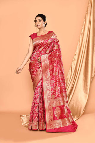 'Patterned Perfection' Pink Pure Katan Silk Jaal Brocade Banarasi Handloom Saree