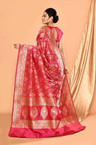 'Patterned Perfection' Pink Pure Katan Silk Jaal Brocade Banarasi Handloom Saree