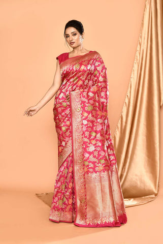 Handloom 'Deep Pink' Pure Katan Silk Banarasi Handloom Saree With all Over Meenakari Jaal