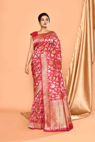 Handloom 'Deep Pink' Pure Katan Silk Banarasi Handloom Saree With all Over Meenakari Jaal