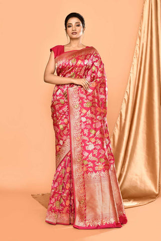 Handloom 'Deep Pink' Pure Katan Silk Banarasi Handloom Saree With all Over Meenakari Jaal