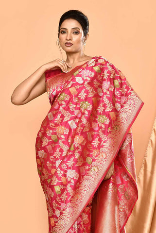 Handloom 'Deep Pink' Pure Katan Silk Banarasi Handloom Saree With all Over Meenakari Jaal