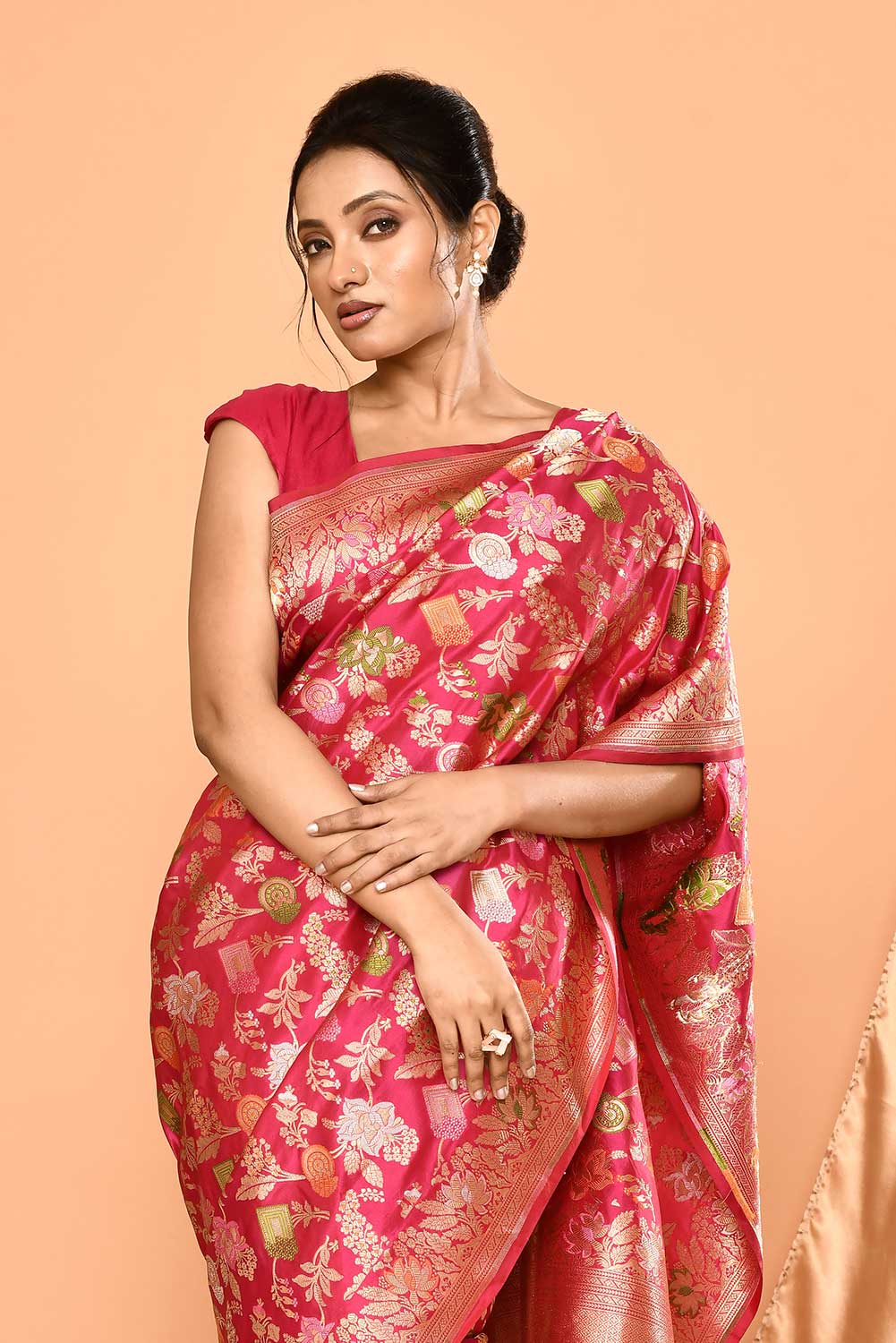 Handloom 'Deep Pink' Pure Katan Silk Banarasi Handloom Saree With all Over Meenakari Jaal