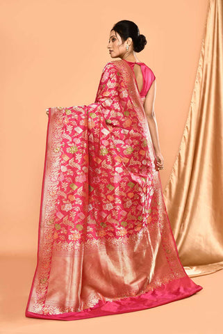 Handloom 'Deep Pink' Pure Katan Silk Banarasi Handloom Saree With all Over Meenakari Jaal