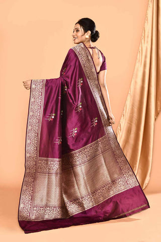 'Umrao' Deep Plum Pure Katan Silk Banarasi Handloom Saree with Meenakari Kadhua Boota