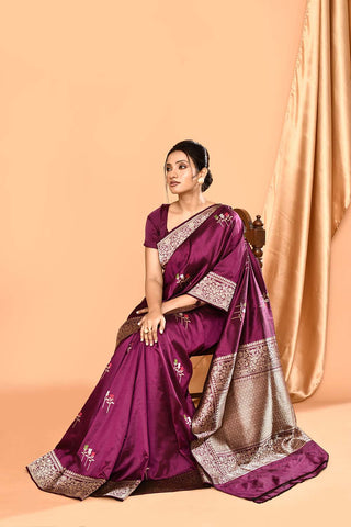 'Umrao' Deep Plum Pure Katan Silk Banarasi Handloom Saree with Meenakari Kadhua Boota