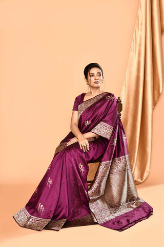 'Umrao' Deep Plum Pure Katan Silk Banarasi Handloom Saree with Meenakari Kadhua Boota