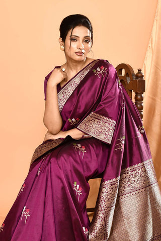 'Umrao' Deep Plum Pure Katan Silk Banarasi Handloom Saree with Meenakari Kadhua Boota