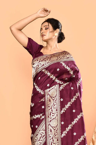 'Deep Purple' Pure Katan Silk Kadhua Banarasi Handloom Saree