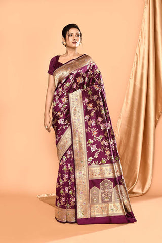 'Rangjaal' Deep Purple Pure Katan Silk Banarasi Handloom Saree with Meenakari Jaal