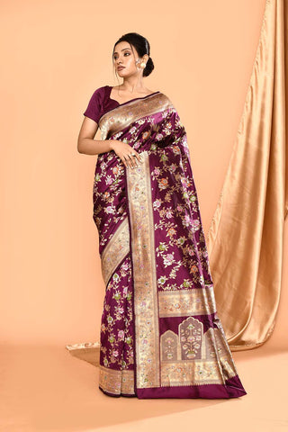 'Rangjaal' Deep Purple Pure Katan Silk Banarasi Handloom Saree with Meenakari Jaal