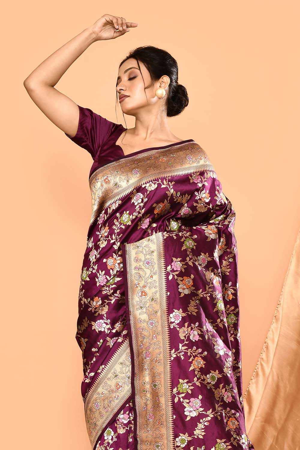 'Rangjaal' Deep Purple Pure Katan Silk Banarasi Handloom Saree with Meenakari Jaal