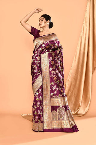 'Rangjaal' Deep Purple Pure Katan Silk Banarasi Handloom Saree with Meenakari Jaal