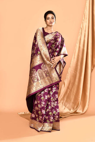 'Rangjaal' Deep Purple Pure Katan Silk Banarasi Handloom Saree with Meenakari Jaal