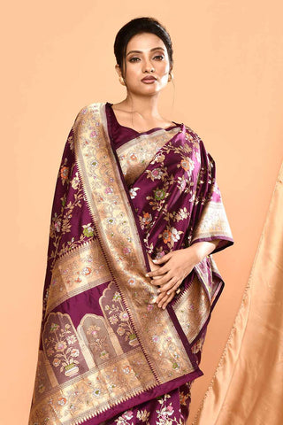 'Rangjaal' Deep Purple Pure Katan Silk Banarasi Handloom Saree with Meenakari Jaal