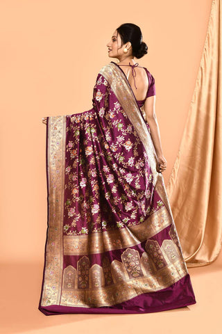 'Rangjaal' Deep Purple Pure Katan Silk Banarasi Handloom Saree with Meenakari Jaal