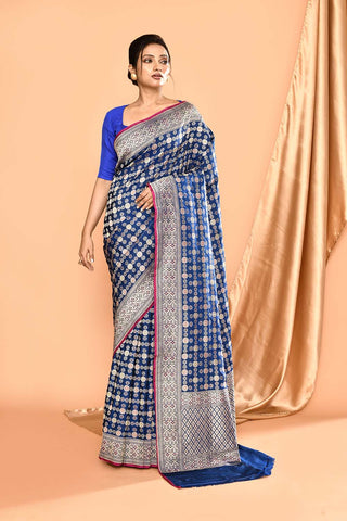 'Maharani' Royal Blue Pure Katan Silk Banarasi Handloom Saree in Gharchola Meenakari Jaal