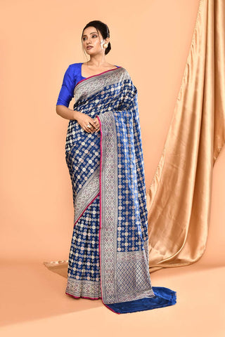 'Maharani' Royal Blue Pure Katan Silk Banarasi Handloom Saree in Gharchola Meenakari Jaal