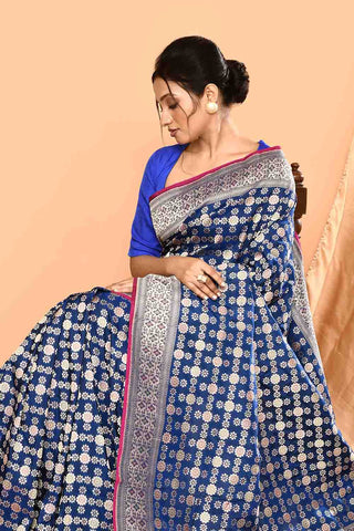 'Maharani' Royal Blue Pure Katan Silk Banarasi Handloom Saree in Gharchola Meenakari Jaal