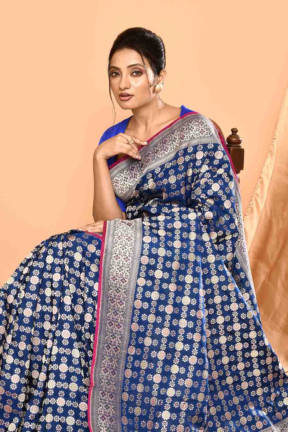 'Maharani' Royal Blue Pure Katan Silk Banarasi Handloom Saree in Gharchola Meenakari Jaal