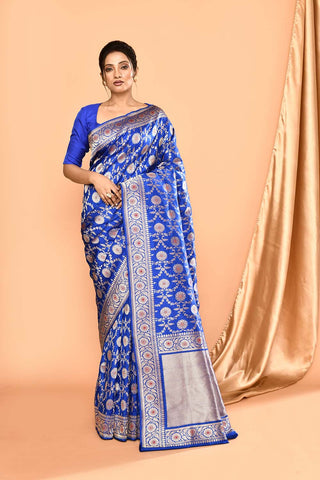 'Royal Majesty' Deep Royal Blue Pure Katan Silk Banarasi Handloom Saree with Meenakari Jaal