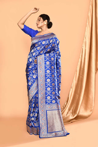 'Royal Majesty' Deep Royal Blue Pure Katan Silk Banarasi Handloom Saree with Meenakari Jaal