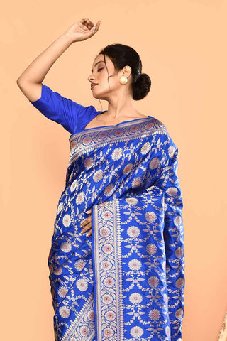 'Royal Majesty' Deep Royal Blue Pure Katan Silk Banarasi Handloom Saree with Meenakari Jaal