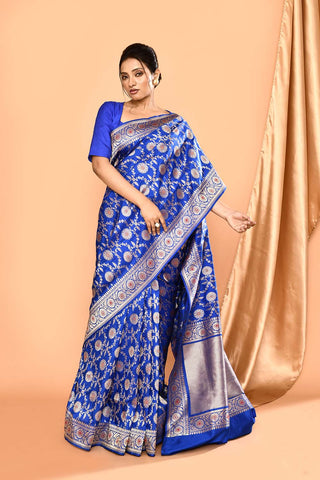 'Royal Majesty' Deep Royal Blue Pure Katan Silk Banarasi Handloom Saree with Meenakari Jaal