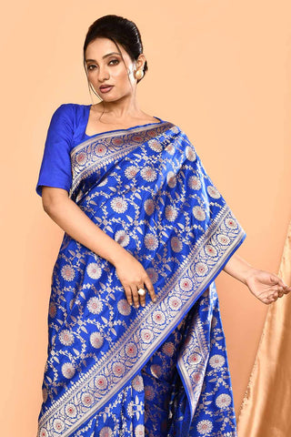 'Royal Majesty' Deep Royal Blue Pure Katan Silk Banarasi Handloom Saree with Meenakari Jaal