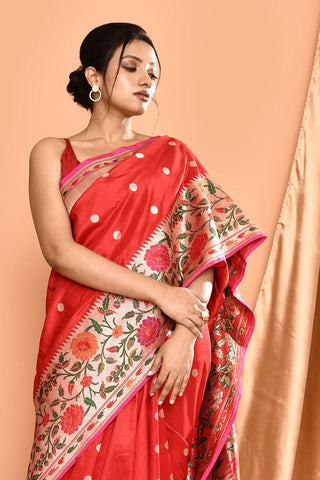 'Nazakat' Pure Katan Silk Banarasi Handloom Saree with Paithani Border