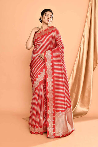 'Modern Brides' Red Pure Katan Silk Banarasi Handloom Saree with Ropa Sona Stripes and Scalloped Meenakari Border