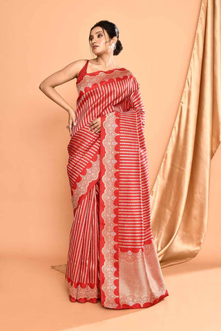 'Modern Brides' Red Pure Katan Silk Banarasi Handloom Saree with Ropa Sona Stripes and Scalloped Meenakari Border