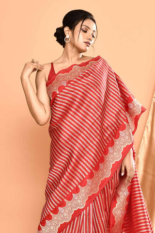 'Modern Brides' Red Pure Katan Silk Banarasi Handloom Saree with Ropa Sona Stripes and Scalloped Meenakari Border