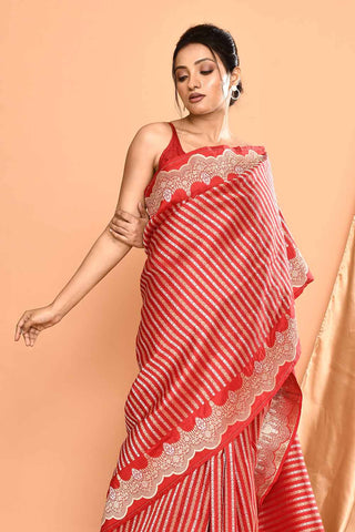 'Modern Brides' Red Pure Katan Silk Banarasi Handloom Saree with Ropa Sona Stripes and Scalloped Meenakari Border