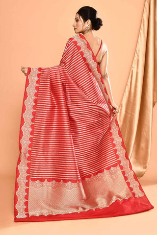 'Modern Brides' Red Pure Katan Silk Banarasi Handloom Saree with Ropa Sona Stripes and Scalloped Meenakari Border