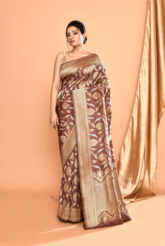 'Gulbahar' Brown Pure Katan Silk Banarasi Handloom Saree